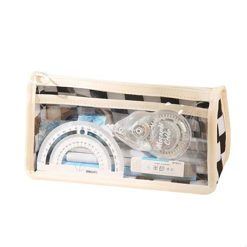 Transparent PVC pencil case with chessboard pattern measuring 21.5cm