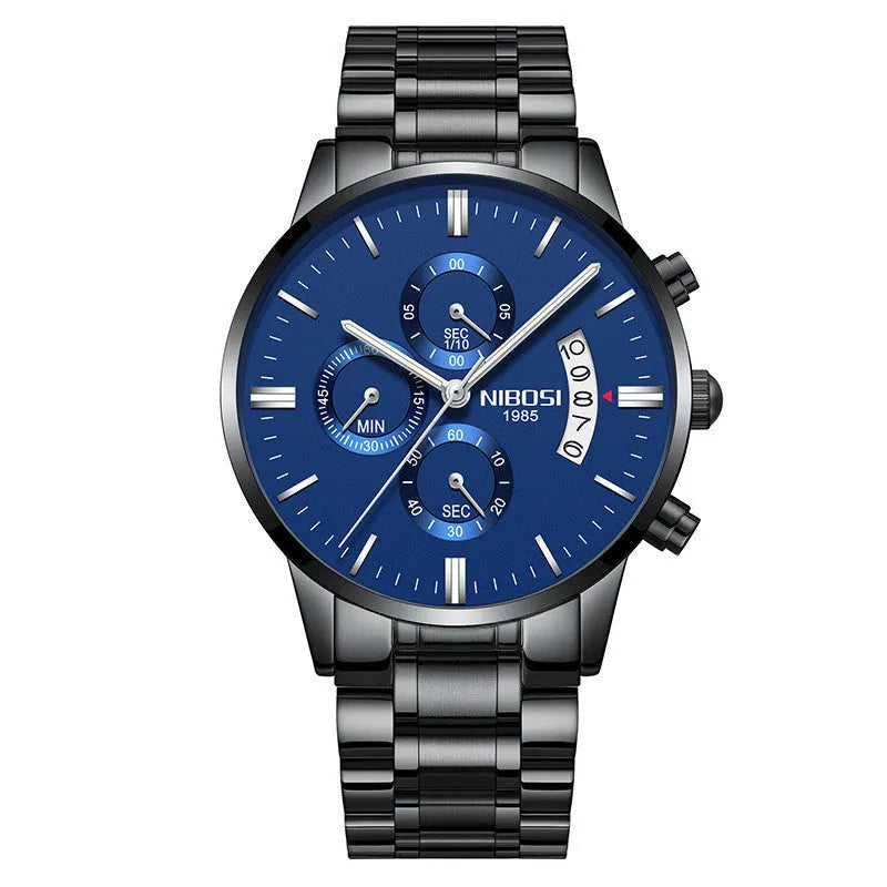 Men's watch with 43mm dial diameter, 11mm thickness, 22mm strap, quartz movement, stainless steel case