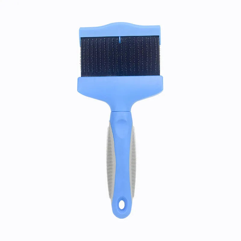 Double-sided soft pet comb with self-cleaning bristles, large size, blue, for cats and dogs