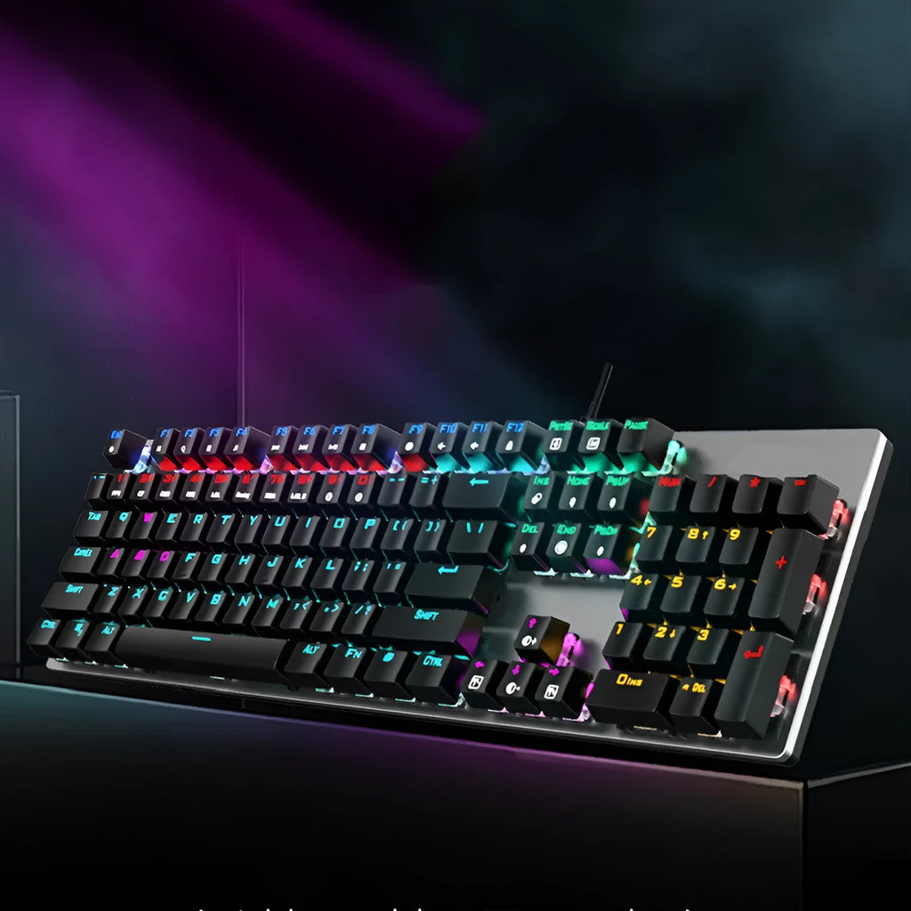 AOC GK410 mechanical keyboard with 104 keys, metal frame, and backlit keys on a desktop.