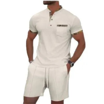 Men's grey waffle texture zipper polo collar short sleeve jacket and matching shorts set on a hanger.