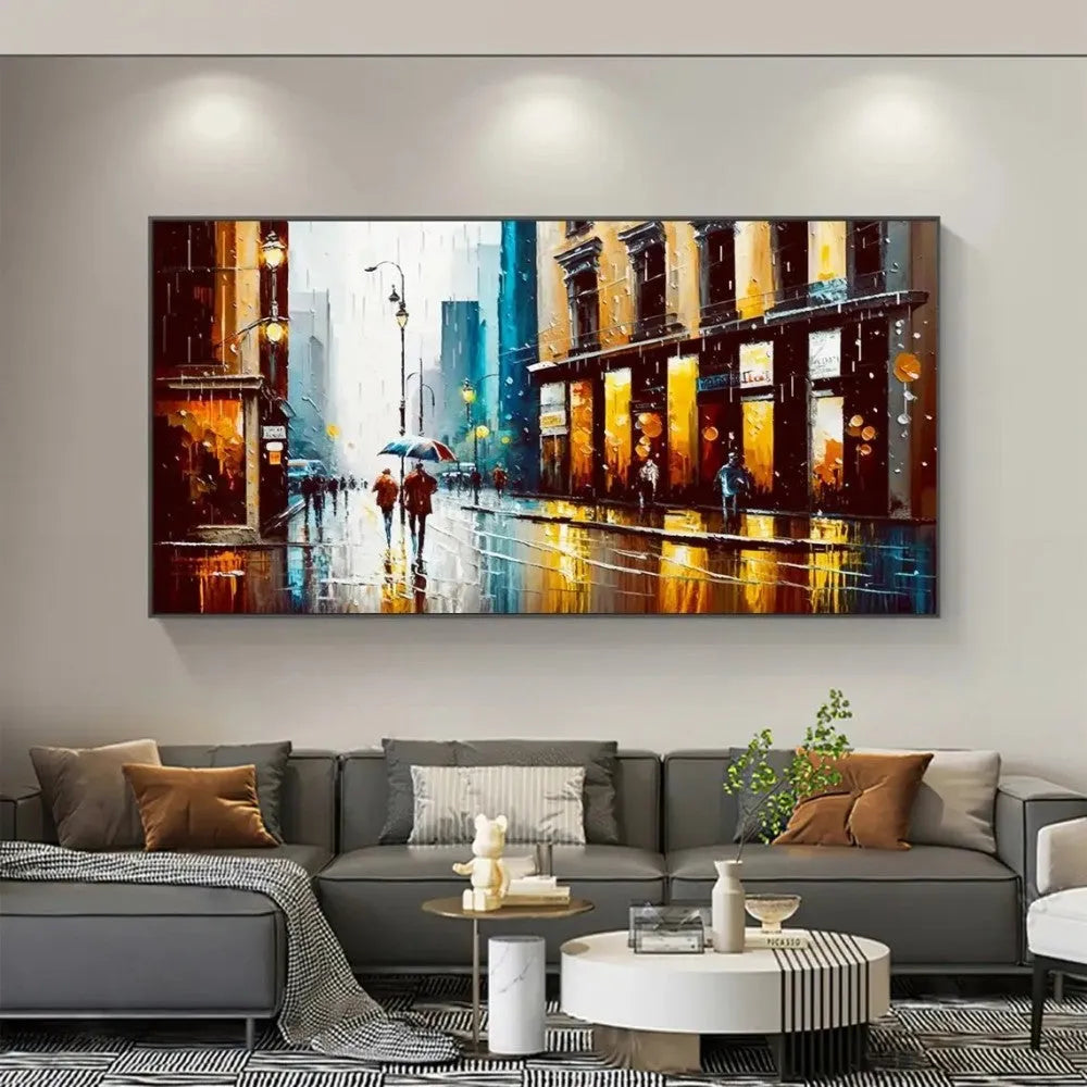 Handmade oil painting canvas wall art, modern abstract urban architectural street scene, horizontal rolled frameless unstretched painting