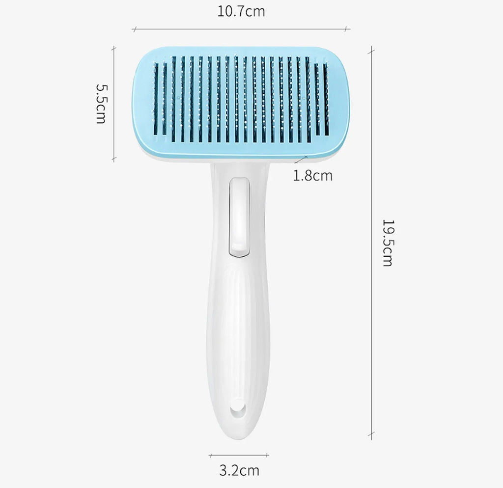 Automatic pet hair removal comb for dogs and cats showing colour options and dimensions