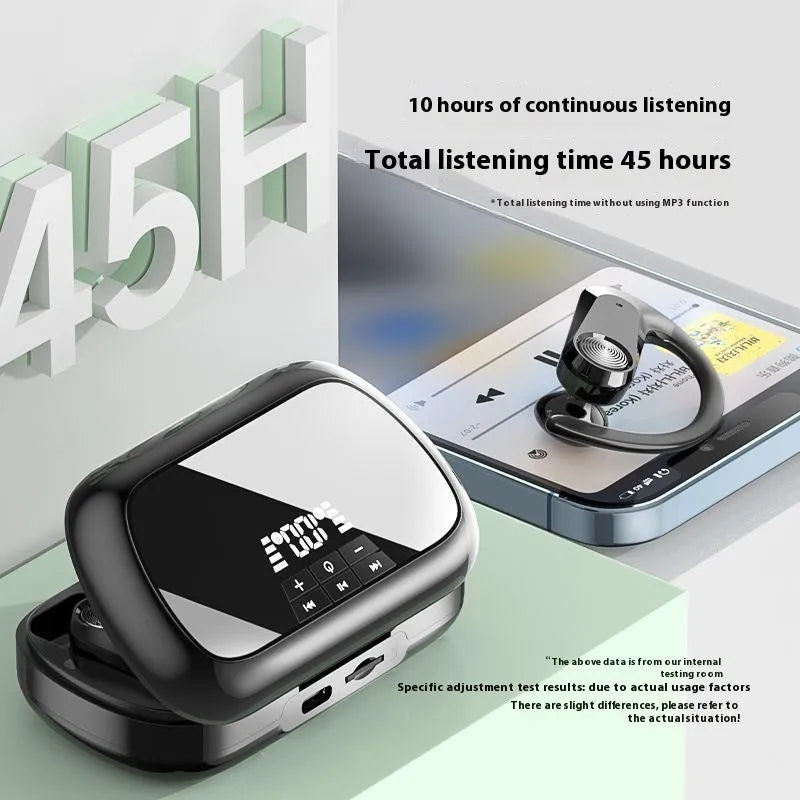 Sports running in-ear headset Q2S in black with ear hook design and digital display