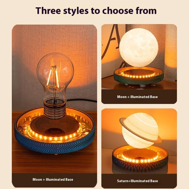 Magnetic levitation night lamp showing floating 3D printed celestial ornament above base unit