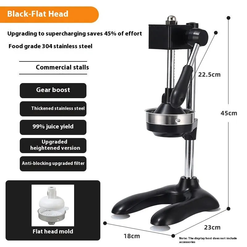 Vertical stainless steel manual juicer showing colour options and tip style variations