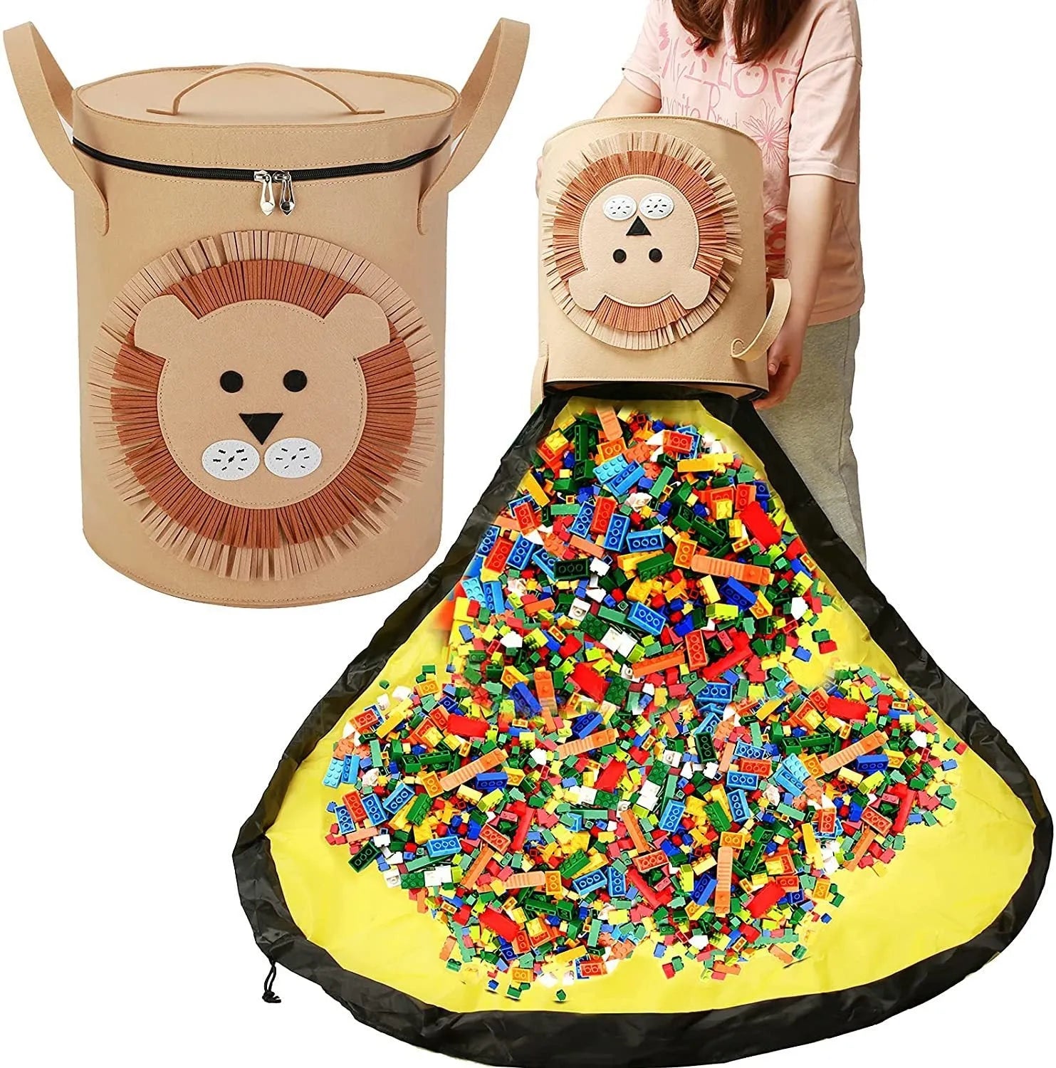 Green felt cube storage bag with pull rope shown as both a toy play mat and closed storage container