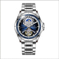 Men's silver alloy automatic watch with blue dial on a stainless steel strap featuring a butterfly clasp