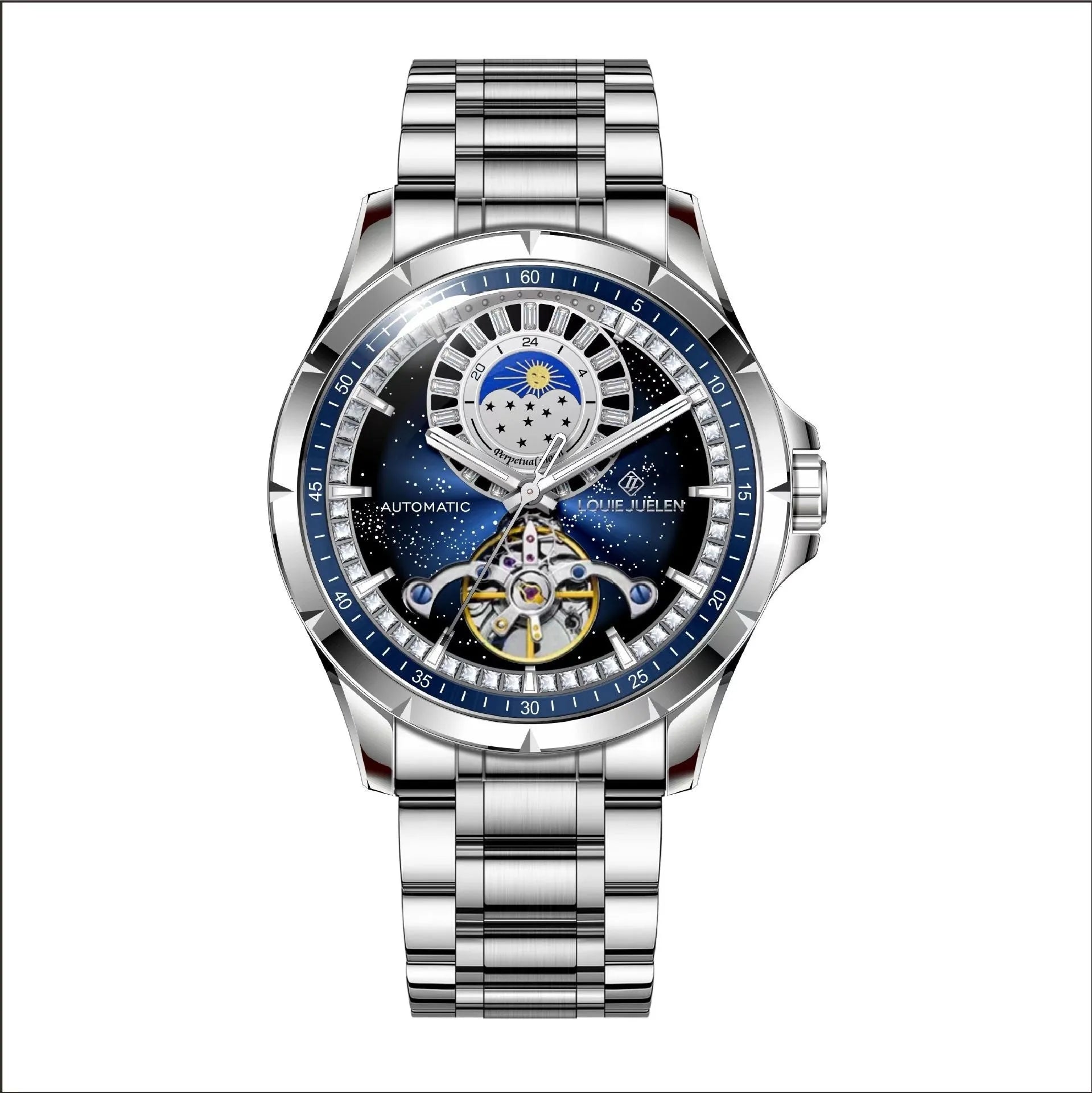 Men's silver alloy automatic watch with blue dial on a stainless steel strap featuring a butterfly clasp