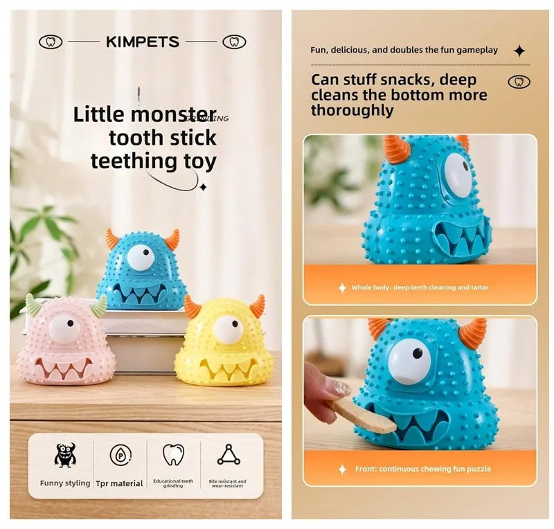 Little monster vocal dog toy in blue with exaggerated eyes, horns, and teeth; made of bite-resistant silicone.