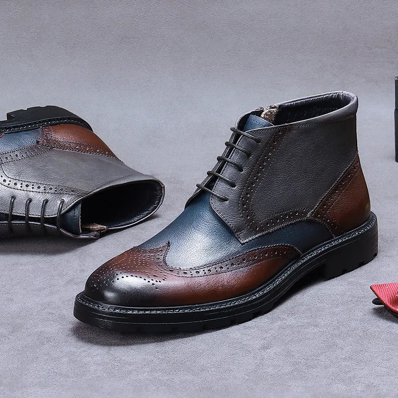 Men's brown and blue vintage colour block brogue carved leather Martin boots with round toe