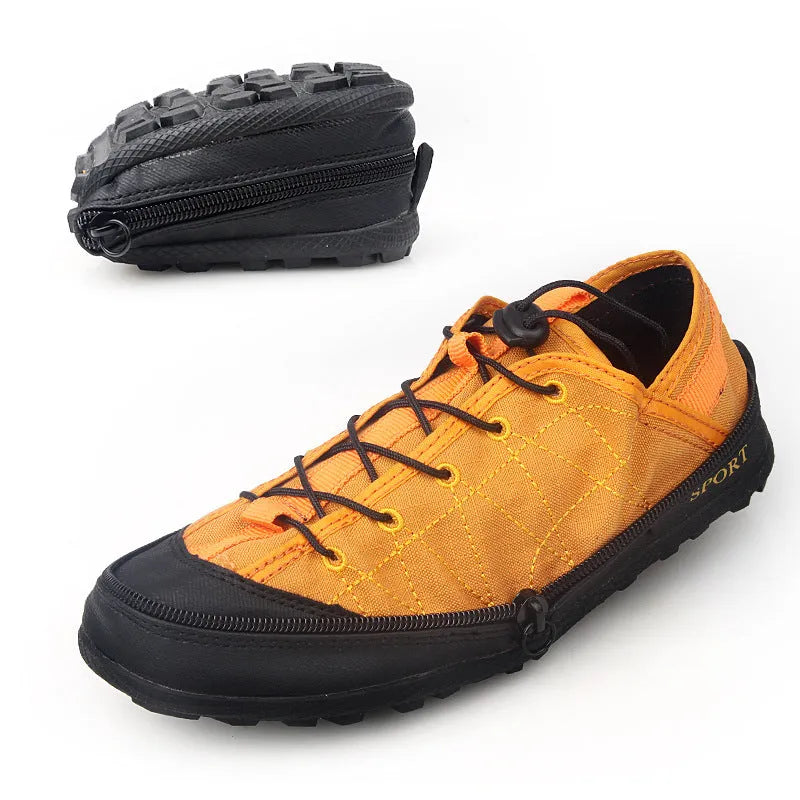 Orange folding outdoor hiking shoe with side zipper, shown next to its compact folded state