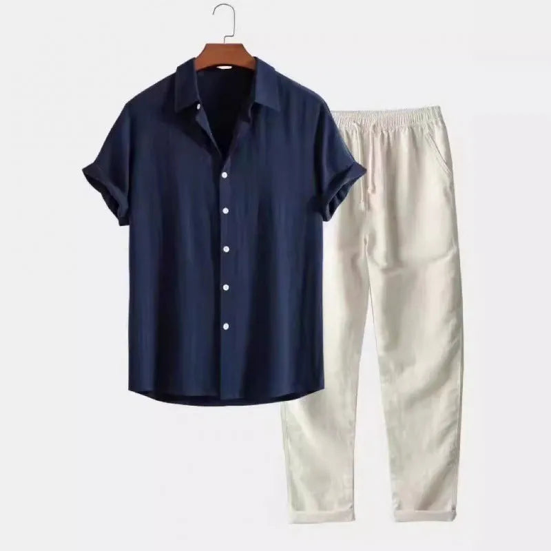 Men's casual linen-blend suit with short sleeve shirt and loose trousers in multiple colour options