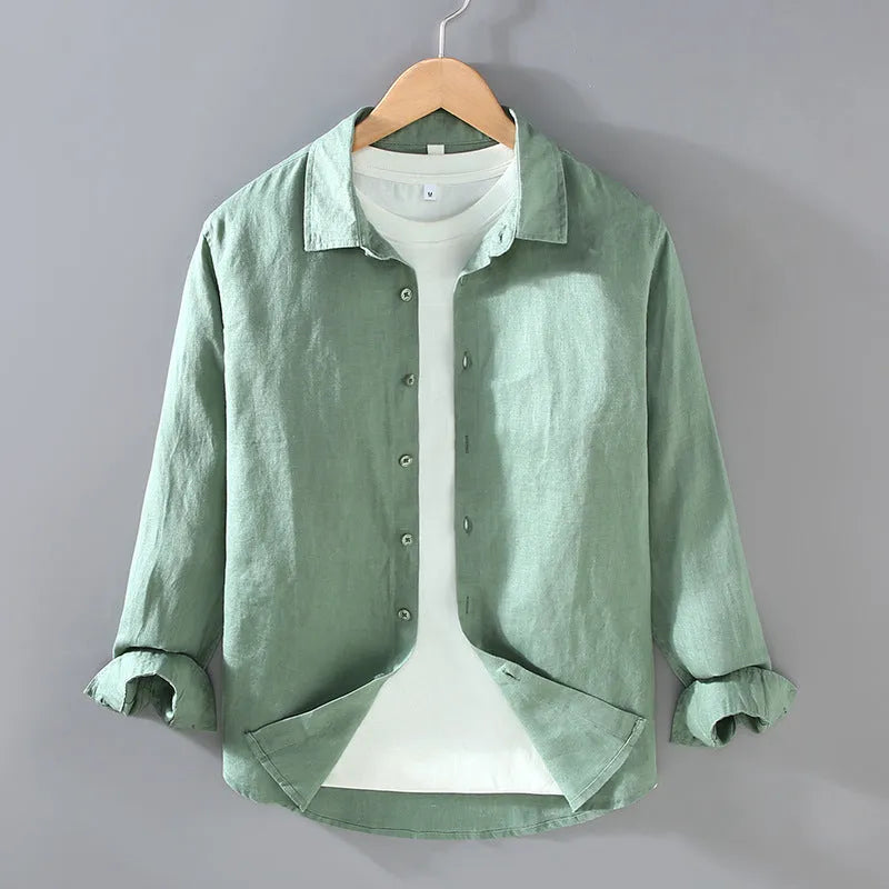 Men's pure linen long sleeve shirt in cardigan style, shown in a solid colour.