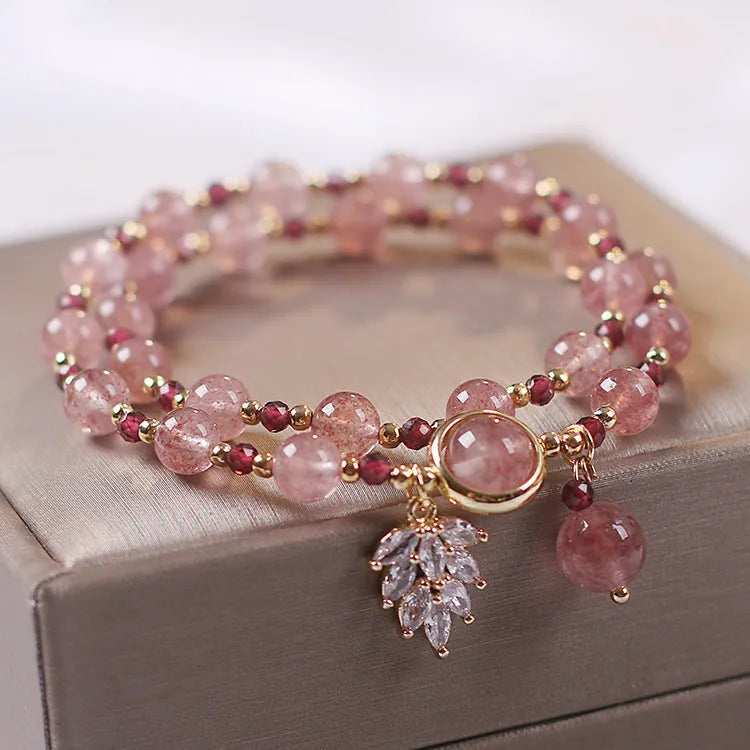 Red cat's eye flowers lucky cat double-layer crystal bracelet for women in ethnic style.