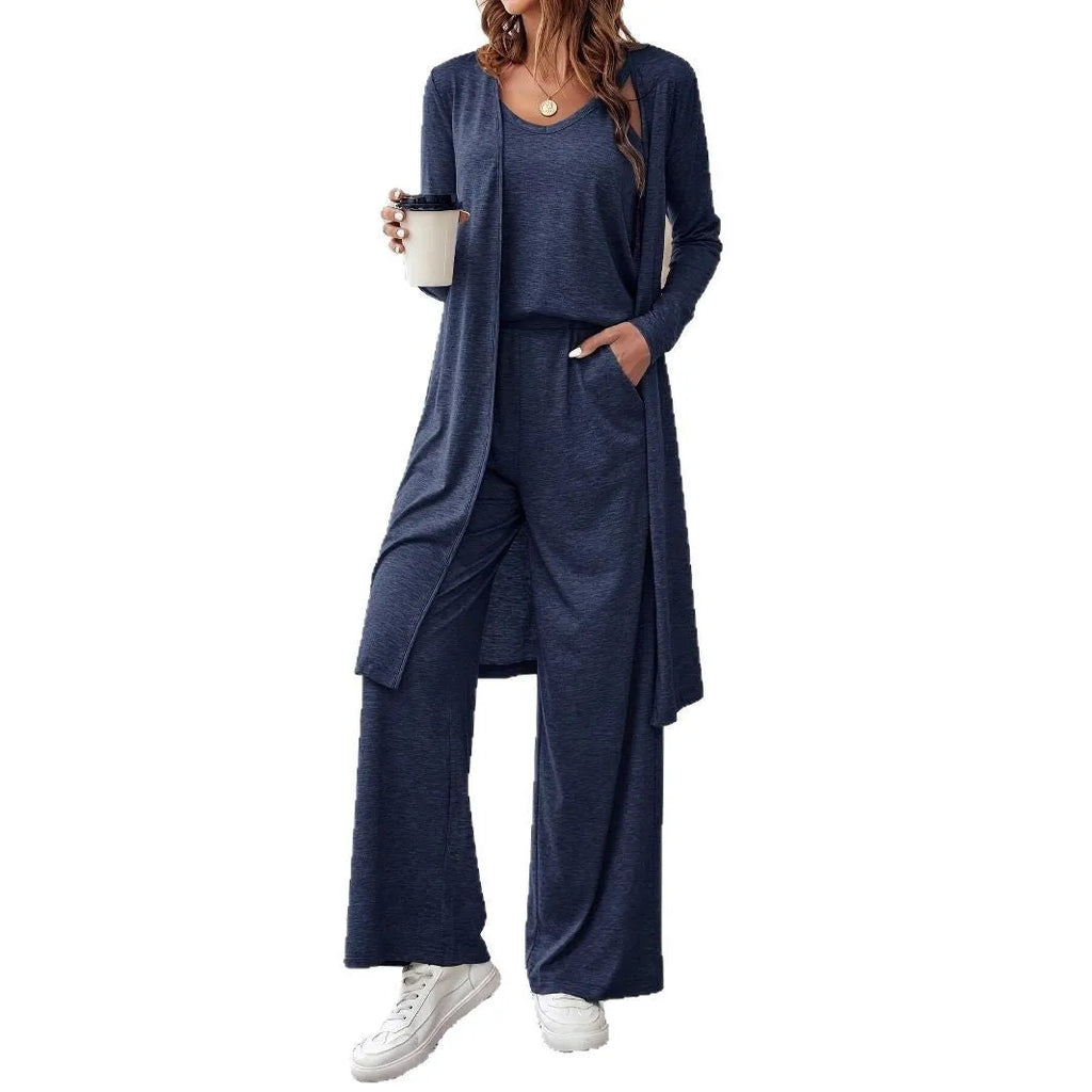 Blue women's three-piece casual suit with sling top, cardigan, and trousers