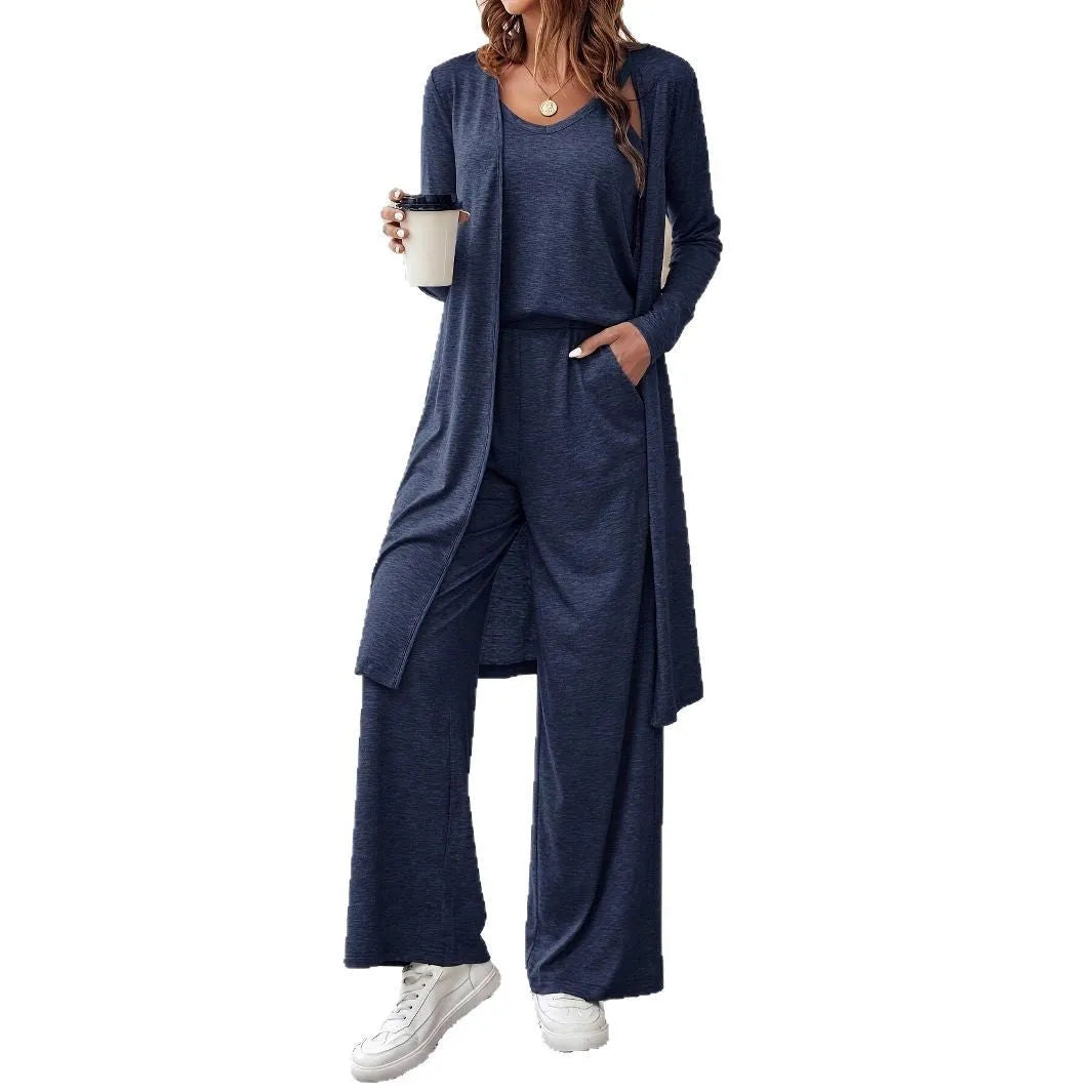 Blue women's three-piece casual suit with sling top, cardigan, and trousers