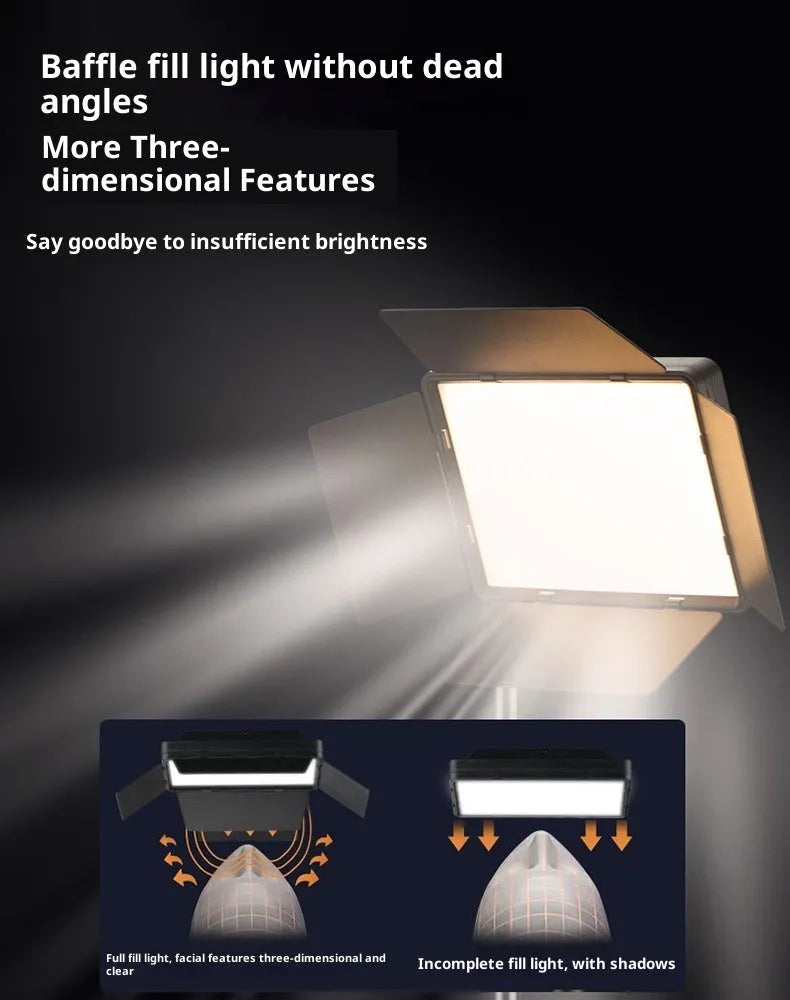 17-inch square LED fill light panel with four-leaf baffle and 2.1m bracket on a studio floor