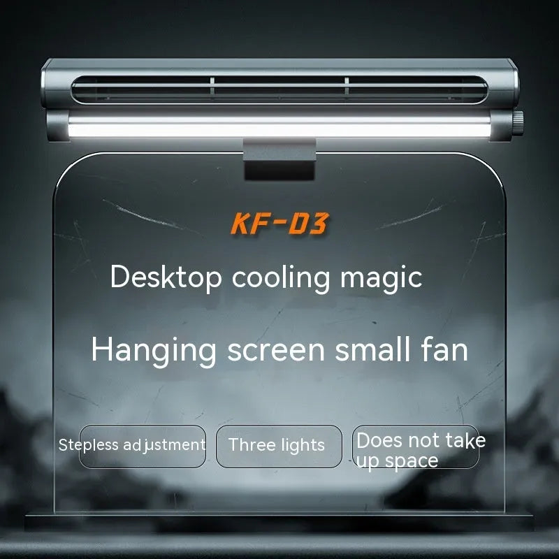 Black bladeless USB fan with light clipped to top of a laptop screen.
