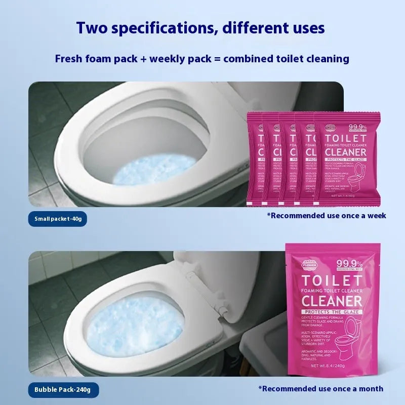 Box and bag of toilet bubble cleaning powder in blue and pink fragrance options.