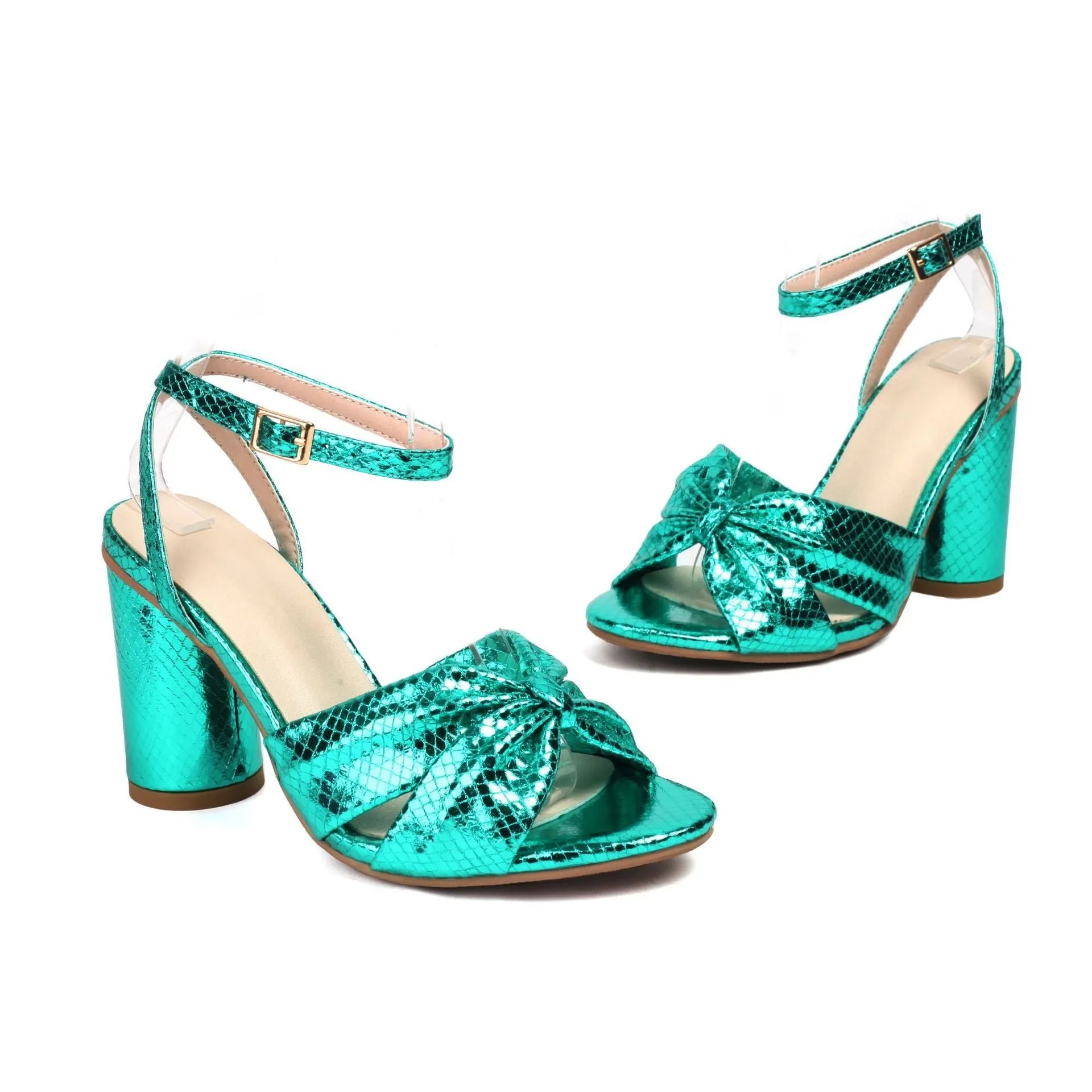 High heel plus size peep toe sandals with ankle buckle in gold, silver, red, and green colours