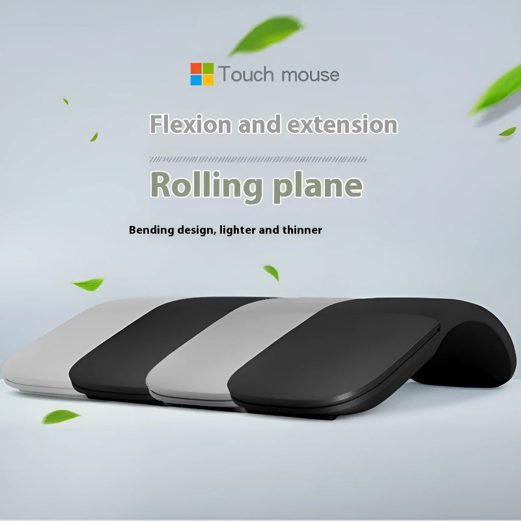 Black folding touch wireless mouse shown both folded and unfolded for portable use.