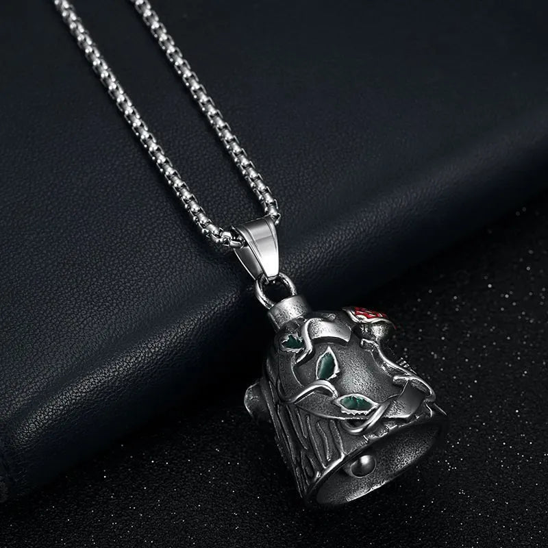 Titanium steel motorcycle lucky bell pendant with geometric shape and double-sided epoxy rose design