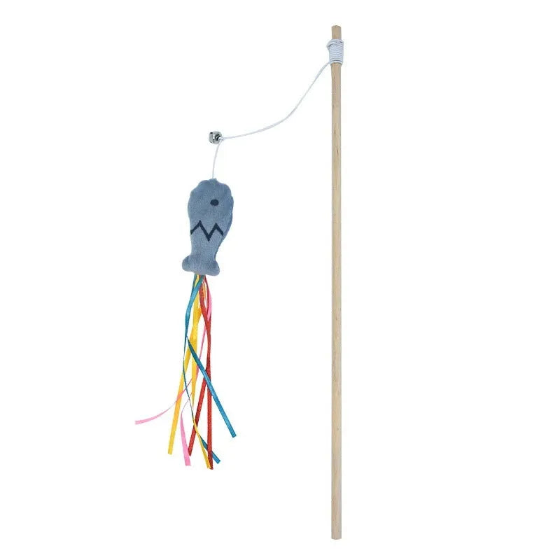Cat wand toy with wooden handle, colourful ribbons, catnip fish and bell for indoor cat play