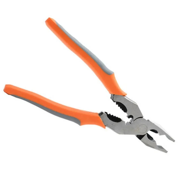 Orange-handled 9-inch multi-function wire cutter pliers with alloy steel clamp head.