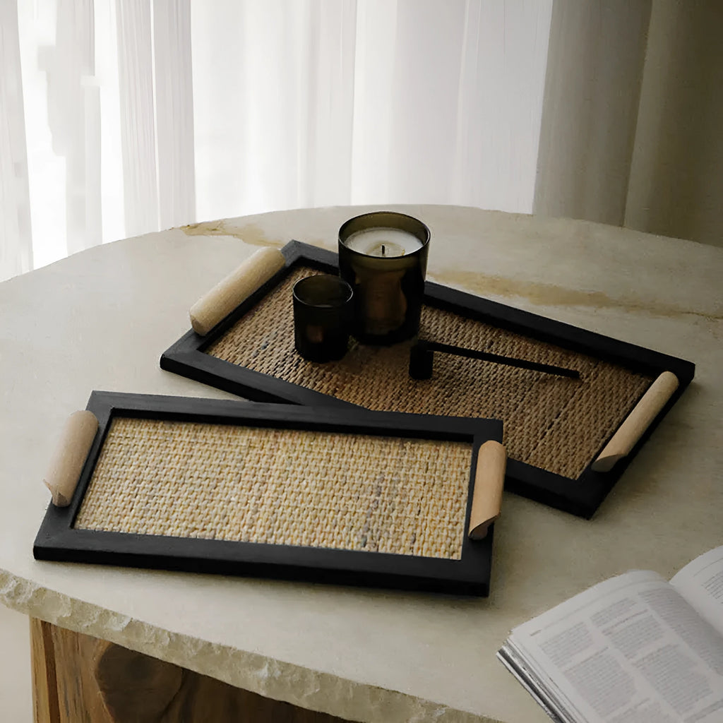 Pine wood dining tray with compartmentalised elegant house design, shown in small and large size options.