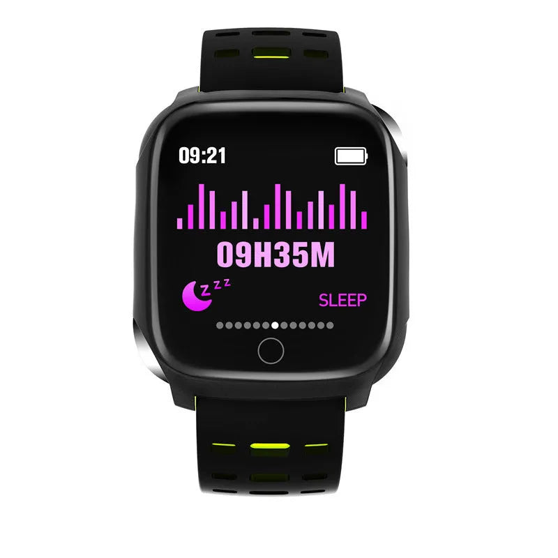 F16 Smart Watch with ECG monitor on wrist, showing black grey colour option with IPS touch screen.