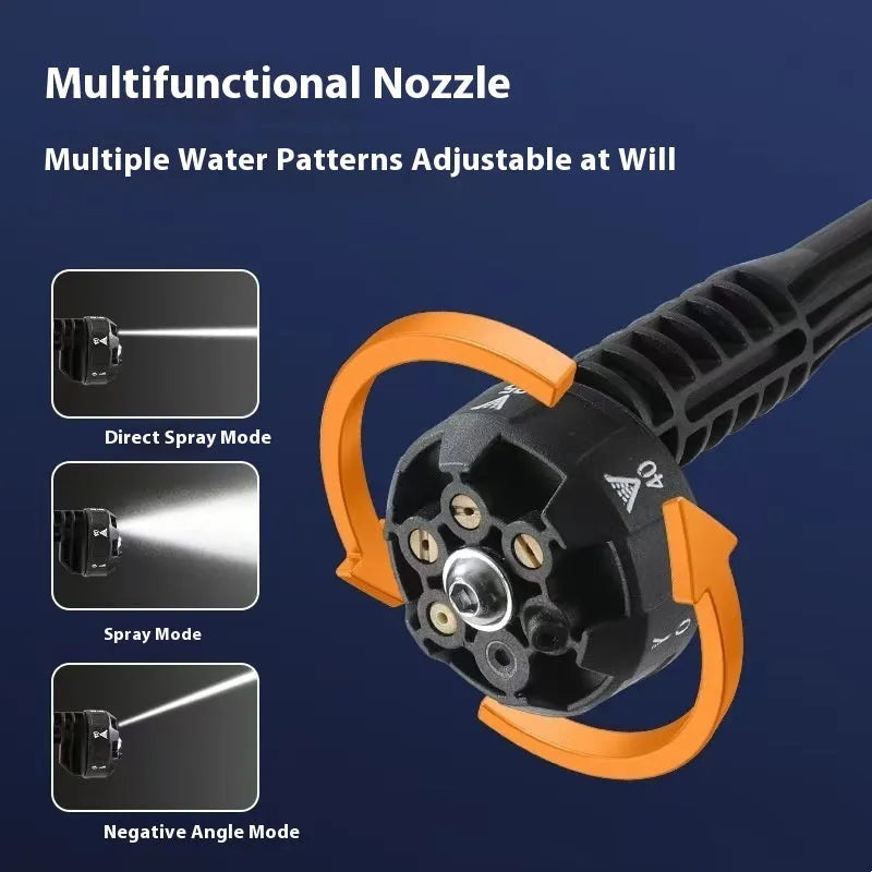 Green cordless high-pressure water gun with six-in-one metal nozzle and accessories including foam pot and extension rod