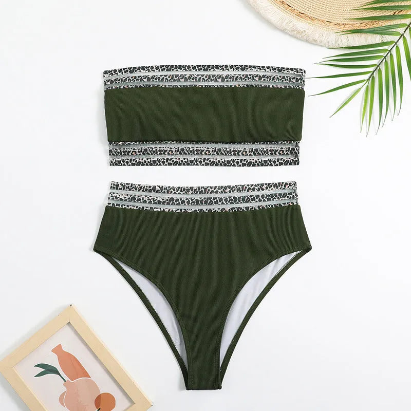 Black strapless split swimsuit with leopard print splicing detail.