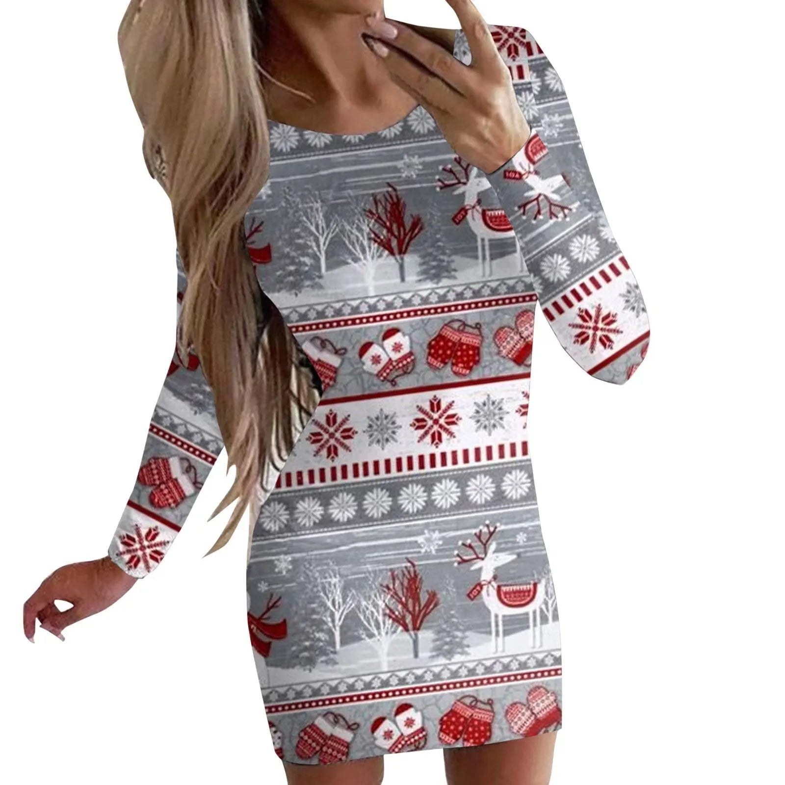 Christmas printed floral pattern dress with round neck and long sleeves in tight fit