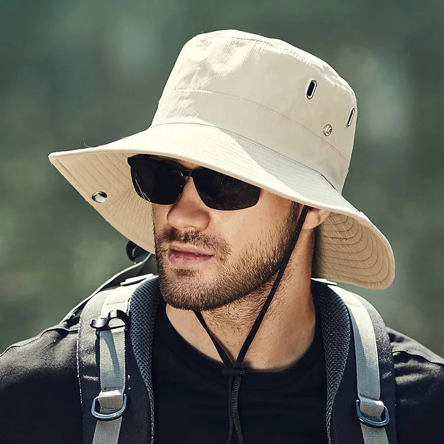 Men's big brim sun hat in khaki colour with dome crown and breathable polyester fabric