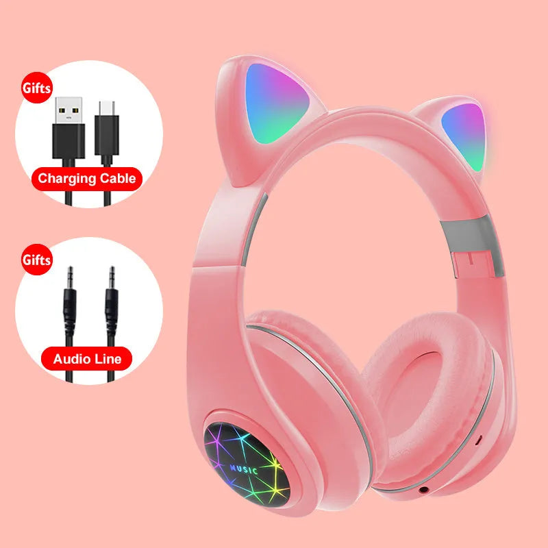 Cat ear style wireless Bluetooth sports headset shown in multiple colours on a person's head