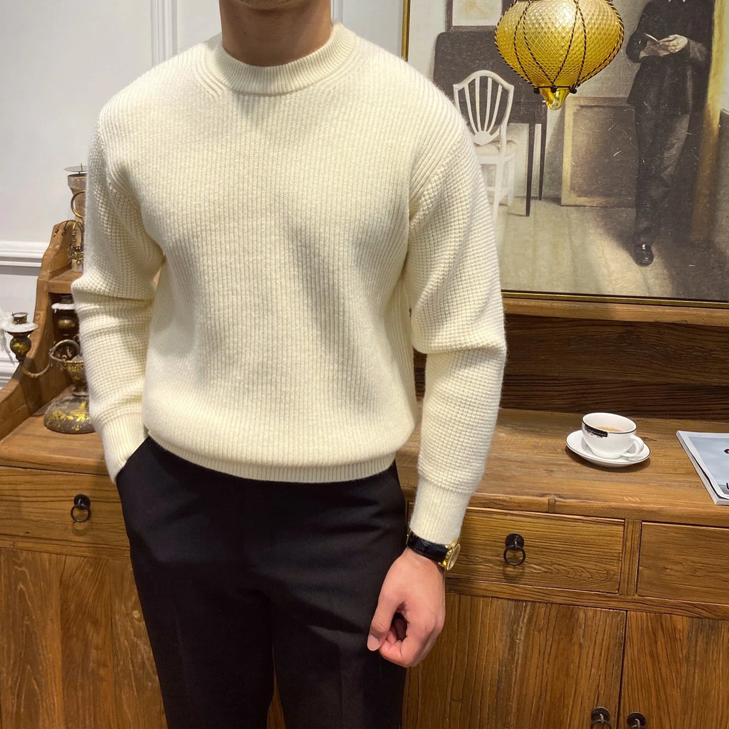 Men's warm knit sweater pullover in apricot, round neck, ribbed hem, acrylic blend, available in sizes M to 3XL