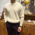 Men's warm knit sweater pullover in apricot, round neck, ribbed hem, acrylic blend, available in sizes M to 3XL