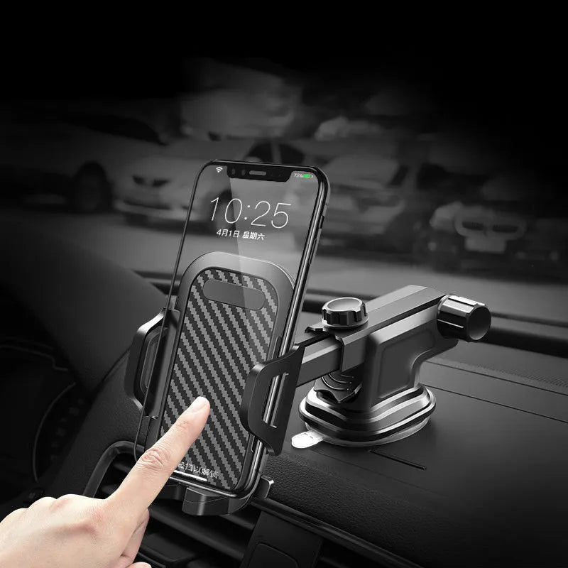 Black universal car phone holder for smartphones 4 to 7 inches wide on a car dashboard