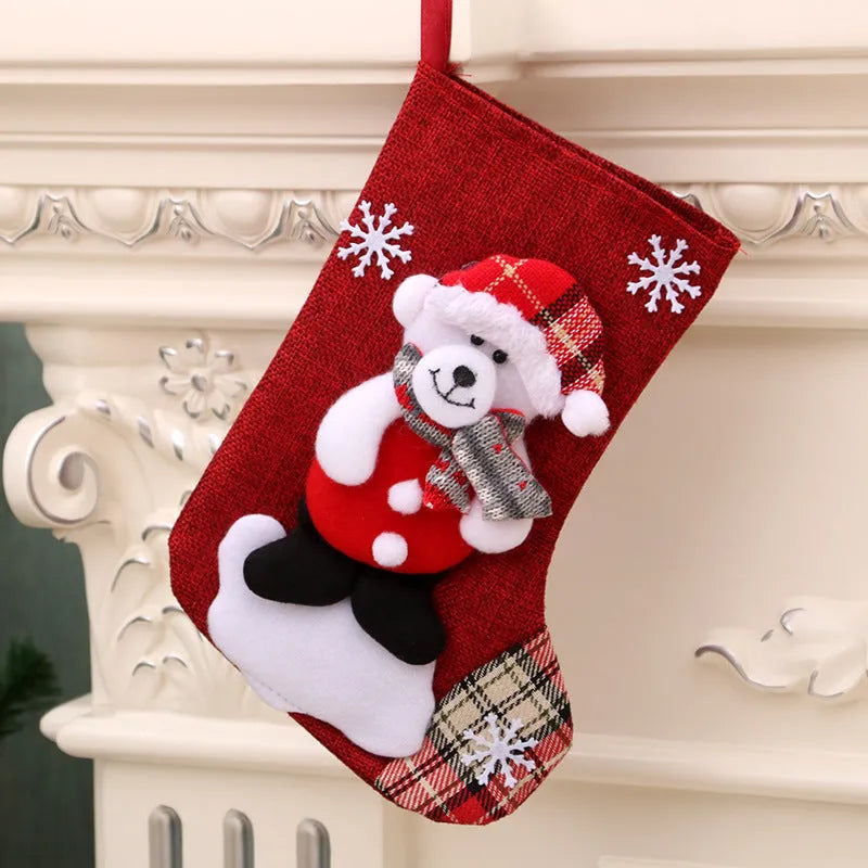 Multicolor Christmas hanging sock gift bag with bear character design on white background