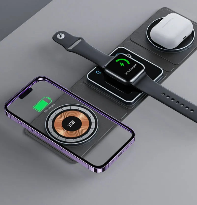 Black transparent acrylic Magsafe three-in-one wireless charging station for iPhone