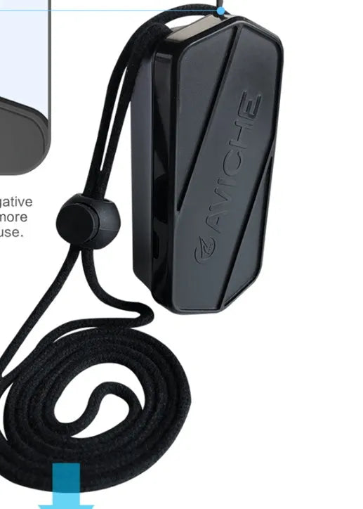 Black plastic wearable air purifier necklace showing compact dimensions