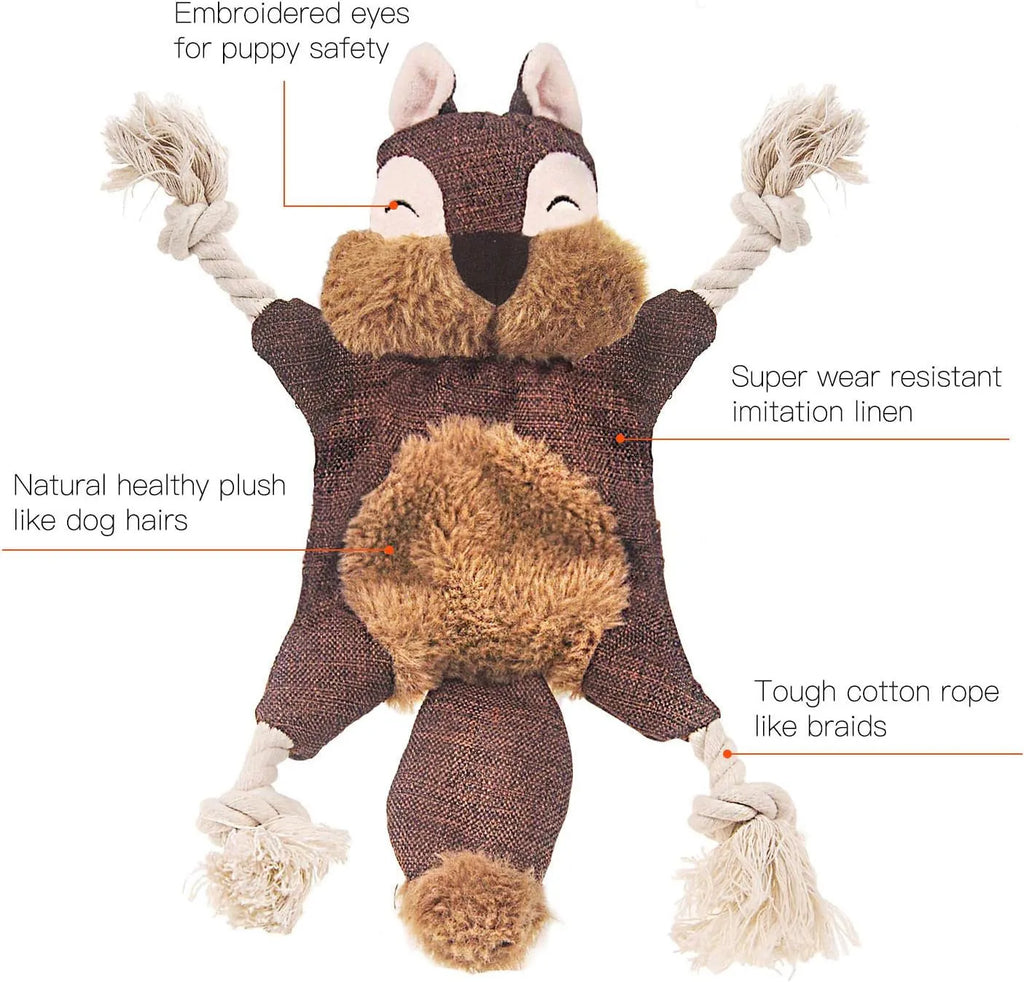 Brown fox-shaped dog toy with embroidered eyes, cotton rope through arms and legs