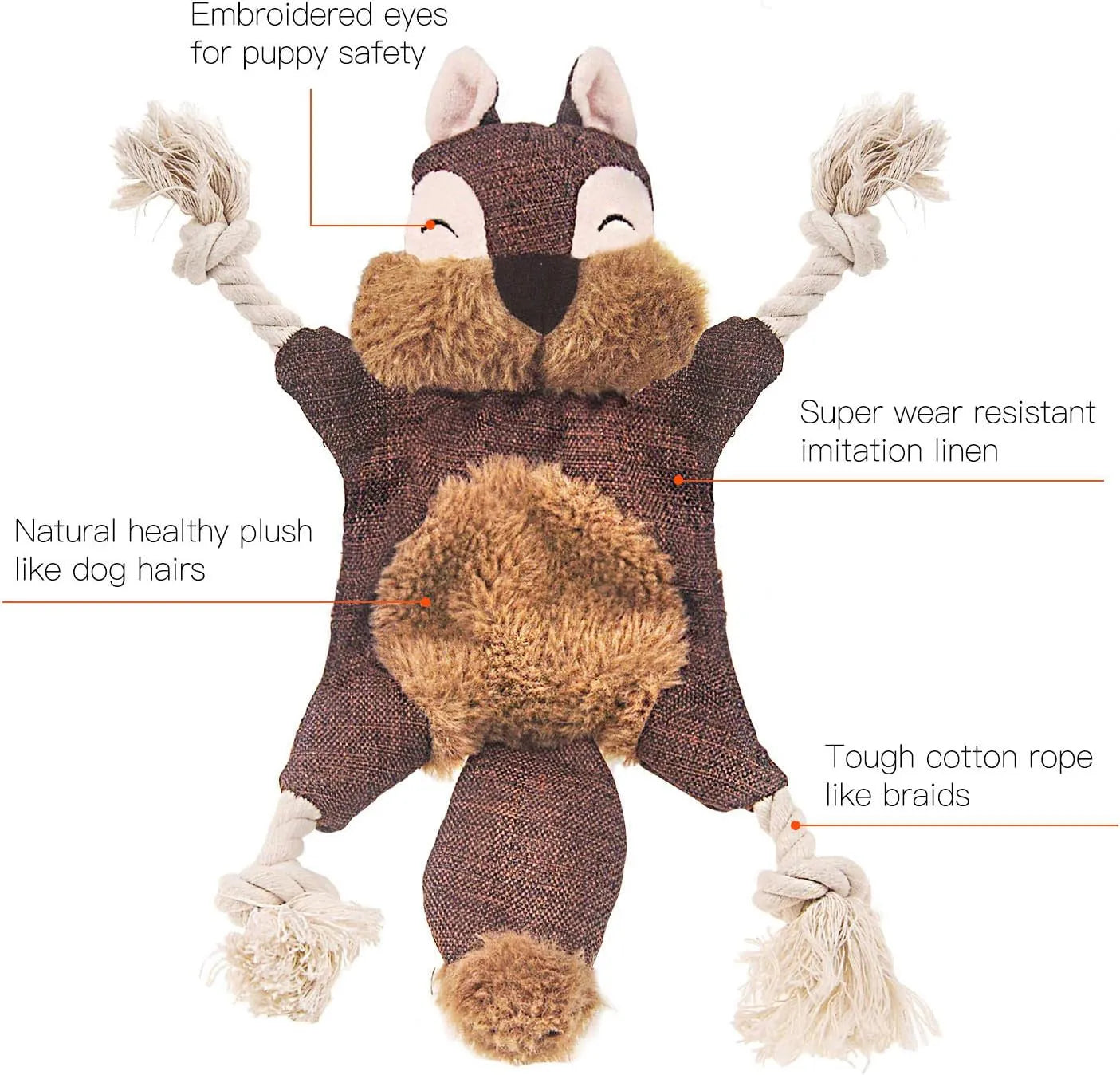 Brown fox-shaped dog toy with embroidered eyes, cotton rope through arms and legs