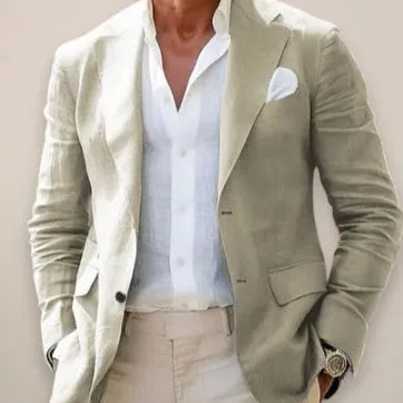 Men's loose solid colour double button suit jacket in grey, front view, for casual leisure wear