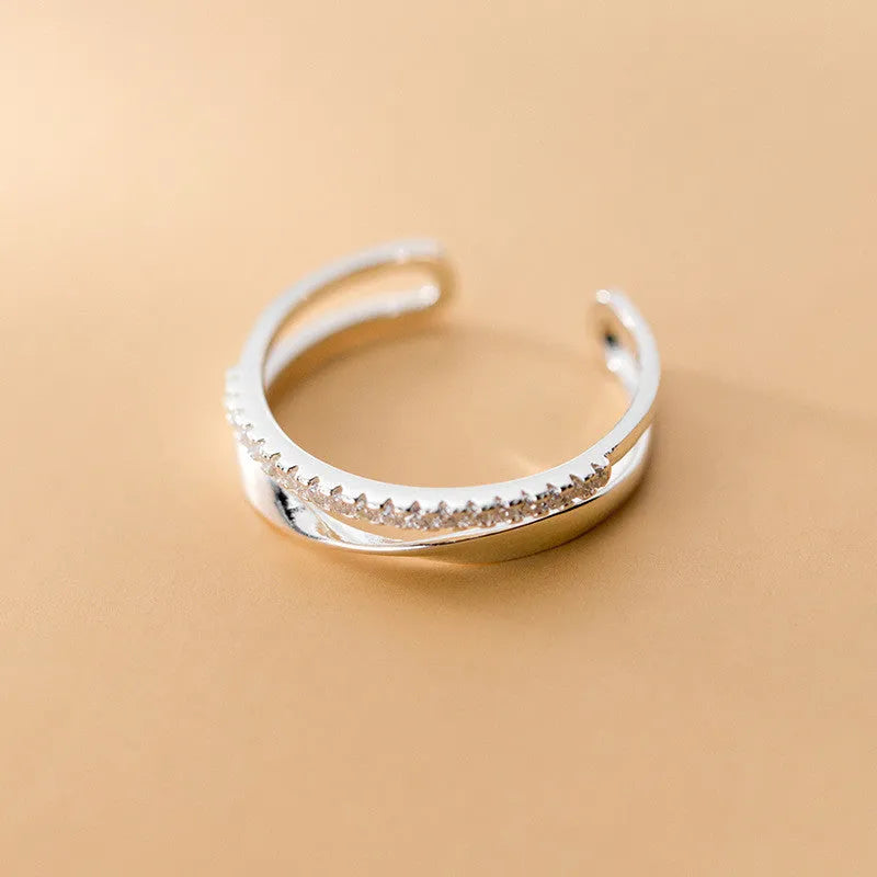 Twisted double row adjustable S925 silver ring for women Korean style