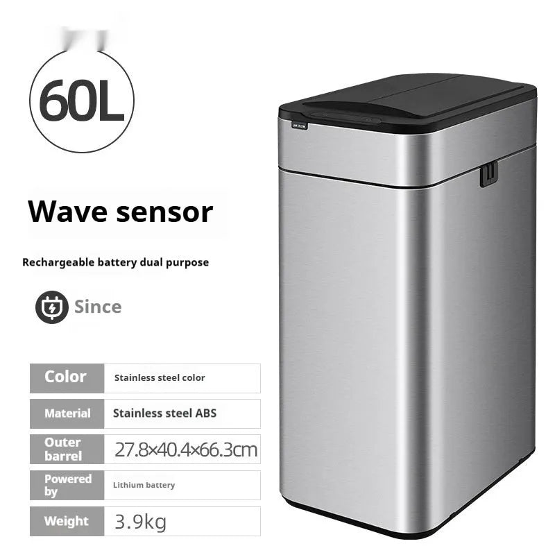 Stainless steel inductive smart trash can with deodorant, square shape, large capacity for kitchen