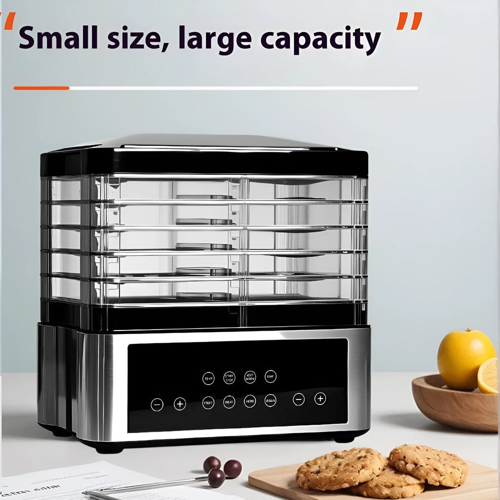 Silver stainless steel food dehydrator appliance with digital control panel on a kitchen counter.