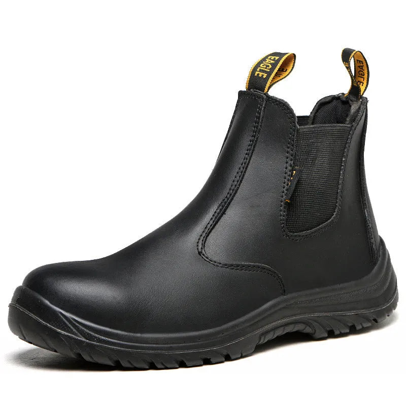 Black leather safety boots with high-top design and anti-piercing protection