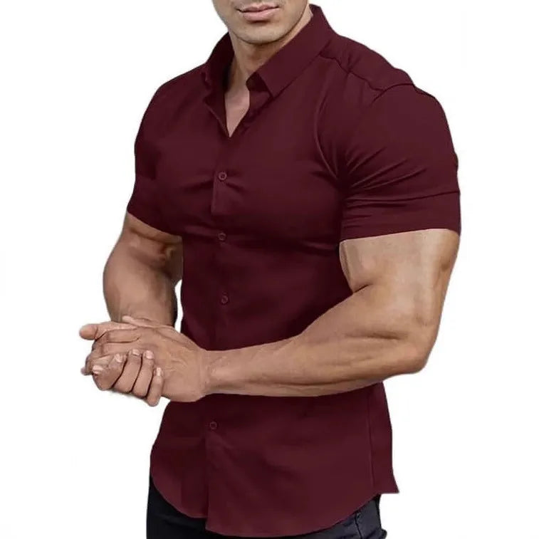 Men's printed short sleeve casual shirt with collar in multiple colour options showing cardigan style